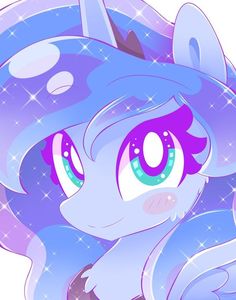 a blue pony with big eyes and stars on it's back ground, looking to the side