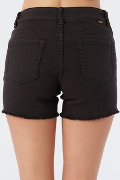 These longer length shorts are a wardrobe staple, perfect for any adventure day or night. O'Neill Women's denim short 4" Inseam 8 3/4" Front rise Distressed look Raw hem detail Leather logo back patch 98% Cotton, 2% Elastane Black Cotton Shorts With Frayed Hem, Black Jean Shorts With Frayed Hem, Black Frayed Hem Jean Shorts, Black Cotton Cutoff Shorts, High-waisted Black Denim Shorts, Washed Black Cotton Cutoff Shorts, Urban Black Cotton Jean Shorts, Black Mid-rise Denim Shorts, Washed Black Cotton Jean Shorts