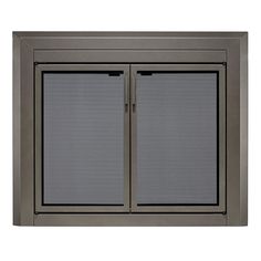 an outdoor fireplace door with two glass doors