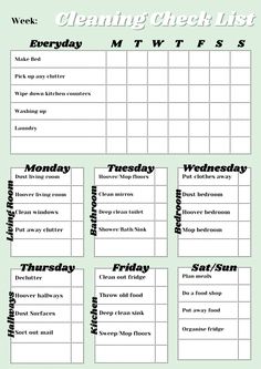 the cleaning check list is shown in black and white, with green text on it