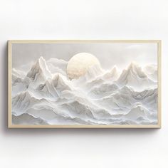 a painting with mountains and a full moon in the sky, on a white wall