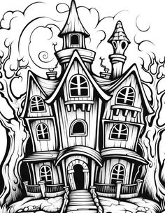 a drawing of a creepy house with stairs leading up to it