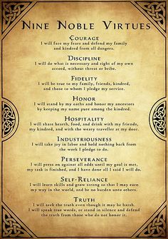 an old parchment style poster with the words nine noble virtudes written in it