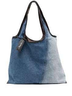 indigo blue cotton washed denim patchwork design two flat shoulder straps leather trim logo-debossed leather luggage tag internal zip fastening pouch full lining Phillip Lim Bag, Leather Luggage Tag, Leather Luggage Tags, Denim Tote Bags, Denim Tote, Chanel 2, Leather Luggage, Iconic Bags, Denim Patchwork