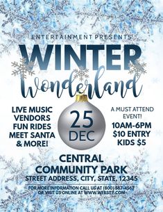 the winter wonderland flyer is shown with snowflakes and ornaments in blue, white and silver