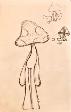 a pencil drawing of a mushroom and a person with a hat looking up at it