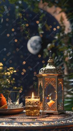 a table topped with candles and glasses filled with liquid next to a lantern on top of a table