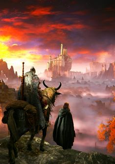 a man riding on the back of a horse next to a giant horned bull in front of a castle