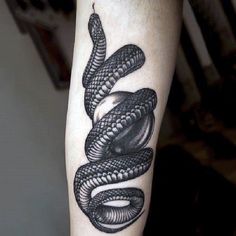 a black and white snake tattoo on the arm