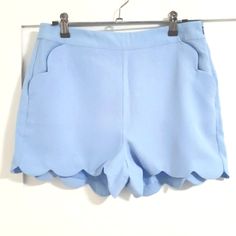 Light/Sky/Hydrangea Blue Two Side Pockets Side Zipper Waist 15 1/2" When Laid Flat Length: 13 1/2" Fitted Blue Summer Shorts, Light Blue Fitted Shorts For Spring, Fitted Light Blue Shorts For Spring, Blue Spring Shorts, Spring High-waisted Blue Shorts, Fitted Blue Shorts For Summer, Chic Light Blue Shorts For Spring, Chic Light Blue Spring Shorts, High Waist Blue Shorts For Spring