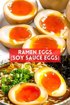 ramen eggs soy sauce eggs on a plate with green onions and scallions