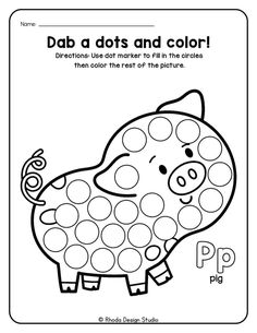 a coloring page with the letter p and an image of a pig in polka dot