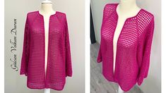 two pictures of a pink cardigan on a mannequin