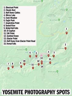 the yosemite photography spots map shows locations where you can take your own photos