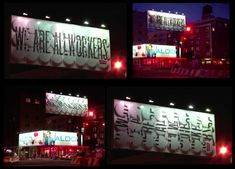 four different images of an advertisement on the side of a building at night and in front of a traffic light