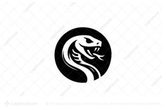 a black and white snake logo with the head of a cobra in a round shape