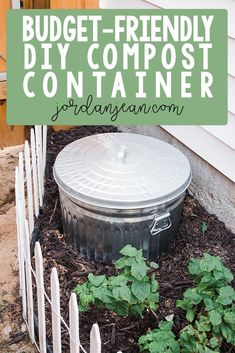 a composting container in the garden with text overlay that reads budget - friendly diy compost container