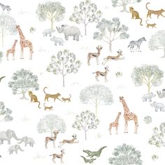 an animal themed wallpaper with many different types of animals and trees on white background