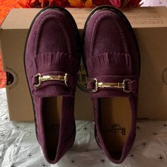 Get Ready For Fall With These Hot Purple Loafers Crafted From Desert Oasis Suede A Premium , Fine Grain Leather From The C. F. Stead Tannery In Leeds Finished With A Golden Snaffle Desert Oasis Suede Is Made In England With A Pronounced Nap For A Premium Look And Feel Purple Leather Slip-on Loafers, Elegant Purple Slip-on Loafers, Purple Loafers, Martens Loafers, Dr Martens Loafers, Shoes Dr Martens, Get Ready For Fall, Desert Oasis, Ready For Fall