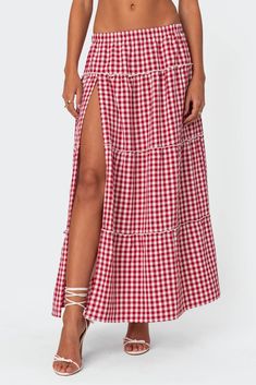 Maxi skirt Tiered design Elastic waistband Gingham pattern Polyester Model wears size S Model height is 5'8 Item care: Wash with similar color Skirt For Beach, Plaid Print Skirt, Casual Summer Skirt, Club Streetwear, Skirts Flowy, Skirt Casual, Vacation Club, Tiered Maxi Skirt, Swimwear Dress