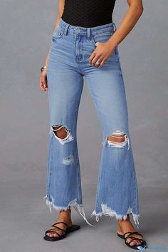 OrcaJump - Classic High-Waisted Denim Jeans with Distressed Detailing Cropped Jeans Outfit, Jeans Online, High Waisted Denim, Wholesale Fashion, Long Pants, Olivia Mark, Jean Outfits, Cropped Jeans, Denim Fashion