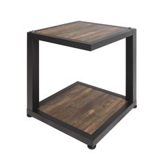 a wooden and metal side table with one shelf on the bottom, against a white background