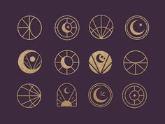 an image of different types of objects in gold on a purple background with the moon and stars above them