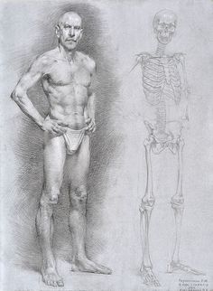 a drawing of a man standing next to a skeleton