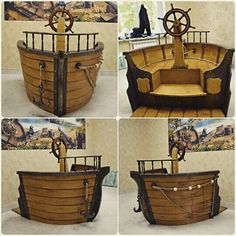 several pictures of an old wooden boat with steering wheel