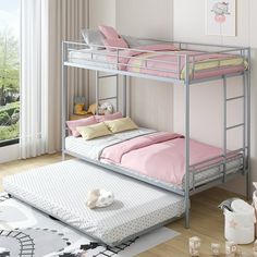 a metal bunk bed sitting next to a window in a child's room with pink sheets and pillows