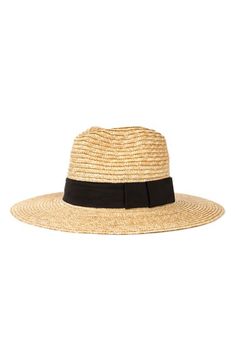 a straw hat with a black ribbon around the brim