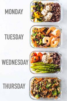 three plastic containers filled with different types of food and the words monday, tuesday, wednesday