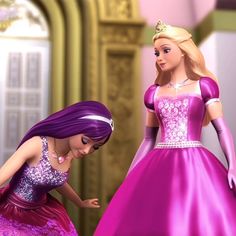 two barbie dolls are dressed in pink and purple dresses, one is touching the other's hand