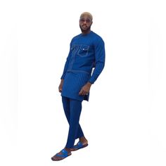 Royal Blue Long Sleeve Kaftan. Made In Ghana . Fabric. Cotton. Comes In Three Sizes. M,L & Xl Top And Bottom Casual Blue Long Sleeve Sets, Casual Indigo Sets For Summer, Blue Fitted Casual Sets, Casual Blue Fitted Sets, Blue Casual Fitted Sets, Ghana Fabric, Black Silk Robe, Men Kaftan, Moroccan Kaftan