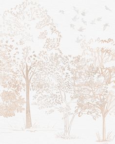 a drawing of trees and birds flying in the sky