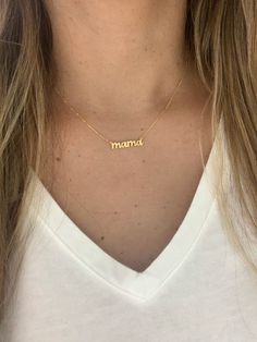 "Personalized Mom necklace in 14K Gold | Handcrafted Necklace for mom | Mama Necklace | Make your own name necklace  This mama necklace is beautiful, a handcrafted piece of jewelry that is great for everyday wear. It comes available in any gold color: rose gold, yellow gold or white gold. This necklace can be used in combination any of our other necklaces for a layering effect. A great idea for Valentine's Day, Mother's Day, Birthday, Anniversaries and Christmas. ♦ Materials: 14K Yellow Gold, 14K White Gold, or 14K Rose Gold ♦ Available colors: White Gold, Rose Gold, Yellow Gold ♦ Necklace measurements: 16\"-20\" inches, of your choice  ♦ Letters Measurement: 5MM height ♦ Font: Moonlight  ♦ These are handcrafted and custom made, no changes allowed once the order has been started ♦ This is Mother's Day White Gold Name Necklaces, 14k Yellow Gold Name Necklace For Mom, 14k Gold Custom Pendant Necklace For Mother's Day, Customized Yellow Gold Necklace For Mother's Day, Custom 14k Gold Pendant Necklace For Mother's Day, Custom Yellow Gold Necklace For Mother's Day, 14k Gold Pendant Necklace For Mother's Day, Minimalist Customizable Yellow Gold Necklace, Customizable 14k Gold Name Necklace For Everyday Wear