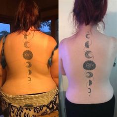 two pictures side by side, one with tattoos on the back