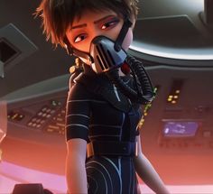 an animated character with a gas mask on in a sci - fi setting, looking at the camera