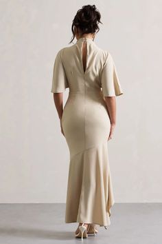 Lavinia Champagne High-Neck Flutter-Sleeve Asymmetric Maxi Dress – Club L London - USA Statement Heels, Club L London, Changing Seasons, Flutter Sleeves, Club Dresses, High Neckline, Modest Outfits, Flutter Sleeve, Woven Fabric