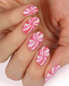 Sweets Nail Art, Pink Peppermint Nails, Peppermint Nail Art, Candy Land Nails, Candyland Nails, Candy Nails Designs, Sweets Nails, Peppermint Nails, Candy Nail Art