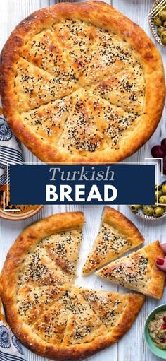 an overhead view of a pizza with the words turkish bread cut into slices and served on plates