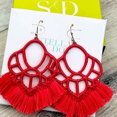 Stella & Dot Summer Statement Chandelier Earrings In Coral Red Color. Instantly Add A Pop Of Color To Anything!! These Are Lightweight, Comfortable Enough To Wear All Day Gorgeous Off-White Wrapped Style With Fringe Beautiful For Summer - Easy To Wardrobe And Versatile. Sold Out Everywhere. Brand New With Original Package. Red Summer Party Jewelry, Red Earrings For Summer Party, Adjustable Red Earrings For Party, Red Dangle Earrings For Summer, Handmade Red Earrings For Summer, Coral Red Color, Statement Chandelier, Statement Chandeliers, Cell Phone Holster