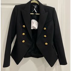 Brand New Never Worn Balmain Classic Jacket With Gold Buttons Designer Black Office Blazer, Luxury Black Double-breasted Blazer, Luxury Black Single Breasted Blazer, Luxury Single-breasted Black Blazer, Luxury Black Single-breasted Blazer, Fall Blazer With Horn Royal Black Buttons, Luxury Black Blazer With Button Closure, Black Evening Outerwear With Buttons, Black Evening Blazer With Button Closure