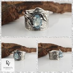 Wide Aquamarine Leaf and Twig Sterling Silver Ring - Handmade by Dawn #WideBand #RingsForWomen #LeavesRing #Modern #Geometric #NatureRing #GirlsJewelry #HandmadeJewelry #LeafRing #SilverRing Nature-inspired Sterling Silver Jewelry With Ethical Gemstones, Rough Cut Moonstone Ring, Artisan Silver Crystal Ring With Gemstone, Nature-inspired Sterling Silver Ring With Oxidized Finish, Nature-inspired Sterling Silver Jewelry With Lost Wax Casting, Twig Wedding Band, Raw Opal Ring, Twig Ring, Nature Ring