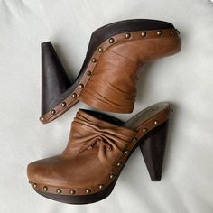 Gorgeous Y2k Vibe To These Wooden Cone Heeled Clogs By Seychelles. Heel 4", New And Never Worn But Some Very Mild Marks On Leather Due To Storage With No Box. Years Of Life Left. Could Be Styled So Many Different Ways, Y2k, Coastal Cowgirl, Western, Etc. Brown High Heel Mules For Fall, Chic Open Toe Clogs For Fall, Brown Wooden Heel Shoes For Fall, Brown Wooden Heel Fall Heels, Brown Wooden Heel Heels For Fall, Chic Brown Clogs With Wooden Heel, Chic Brown Slip-on Clogs, Brown Clogs With Wooden Heel For Fall, Chic High Heel Clogs For Fall