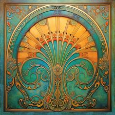 an art nouveau painting with gold and blue colors