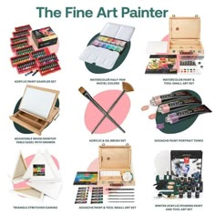 the fine art painter's essentials are organized in an open wooden box