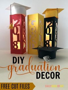 diy graduation decorations with free cut files for silhouettes and paper lantern holders on the table