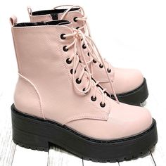 Update Your Wardrobe With These Stylish Platform Military Boots New In Box Vegan Leatherette Material Adjustable Laces Side Zipper For Easy Shoe Removal Lug Platform Sole Platform Height: Approximately 1.5 To 2.5 In., Depending On Size Heel Height: Approximately 2.75 In. Trendy Pink Platform Boots For Fall, Trendy Pink Fall Platform Boots, Casual Pink Platform Boots For Fall, Pink High Heel Platform Boots For Winter, Pink Ankle-high Boots For Winter, Pink High Ankle Platform Boots For Fall, Trendy Pink Winter Boots, Pink Ankle-high Platform Boots For Fall, Pink Ankle Platform Boots For Spring