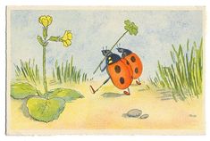 a drawing of a ladybug holding onto a stick